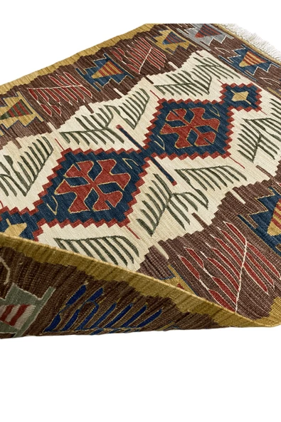 El Dokuma Uşak Kilimi 94x123 Krem Kahve Kök Boya %100 Yün Kilim - 3