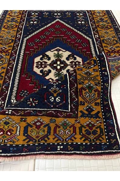 El Dokuma Yahyalı Halısı 90x155 Kırmızı Lacivert %100 Yün Kök Boya Halı ! - Resim 6