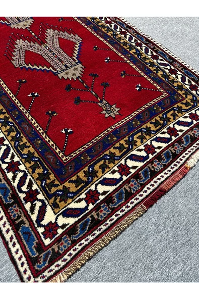 EL DOKUMA KIRMIZI TAŞPINAR HALISI SECCADE 108X210 KÖK BOYA LACİVERT YÜN NAMAZLIK - 4