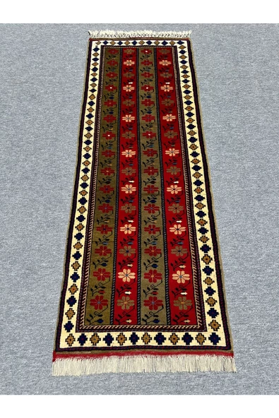 El Dokuma Şal Halısı 80x220 Yeşil Kırmızı Krem %100 Yün Metre Yolluk ürün görseli