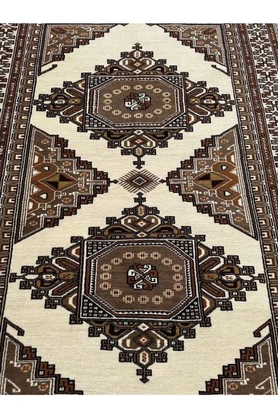 El Dokuma Çanakkale Halısı 150x240 Krem Kahve 4 M2 %100 Yün Halı - Resim 3