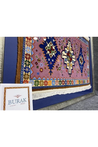 El Dokuma 72x91 Pembe %100 Yün Azerbaycan Halısı Çerçeveli Tablo - 3