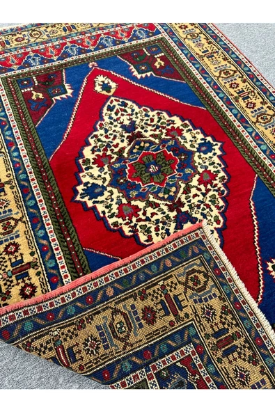El Dokuma Dekoratif Taşpınar Halısı 134x200 Kırmızı Lacivert Kök Boya Yün Halı ! - 4