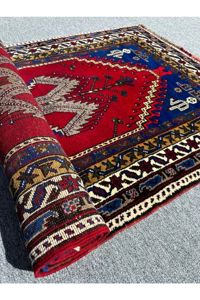 EL DOKUMA KIRMIZI TAŞPINAR HALISI SECCADE 108X210 KÖK BOYA LACİVERT YÜN NAMAZLIK - 6