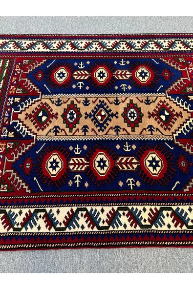 El Dokuma Deniz Çapası Desenli Kafkas Halı 142x200 Lacivert Kırmızı %100 Yün 3 M2 Halı ! - 2