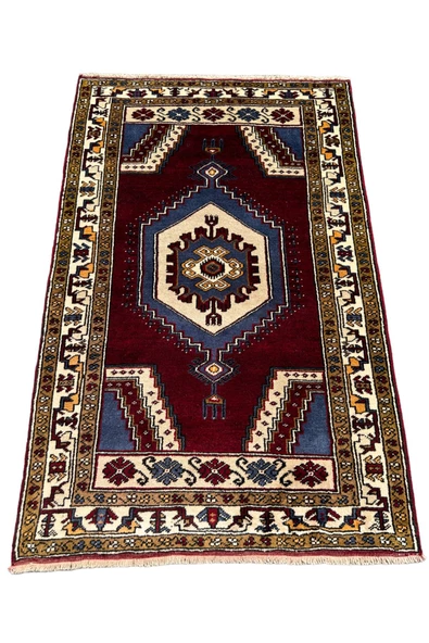 EL DOKUMA %100 YÜN YAHYALI HALISI 100X157 BORDO MAVİ KÖK BOYA HALI ! ürün görseli