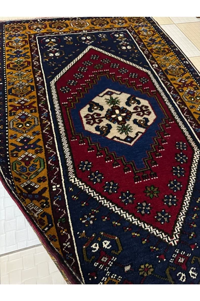 El Dokuma Yahyalı Halısı 90x155 Kırmızı Lacivert %100 Yün Kök Boya Halı ! - Resim 2