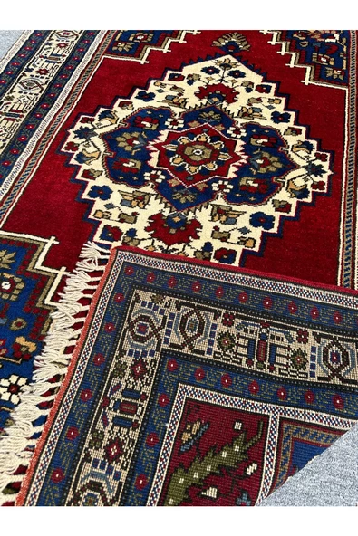 EL DOKUMA KALIN TAŞPINAR HALISI 132X215 LACİVERT KIRMIZI %100 YÜN KÖK BOYA HALI - Resim 7