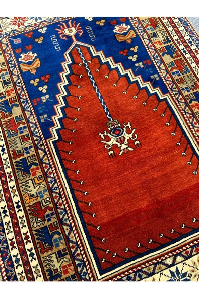 El Dokuma Taşpınar Halısı Seccade 118x190 Lacivert Kırmızı %100 Yün Namazlık - 3