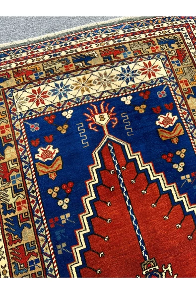 El Dokuma Taşpınar Halısı Seccade 118x190 Lacivert Kırmızı %100 Yün Namazlık - 4