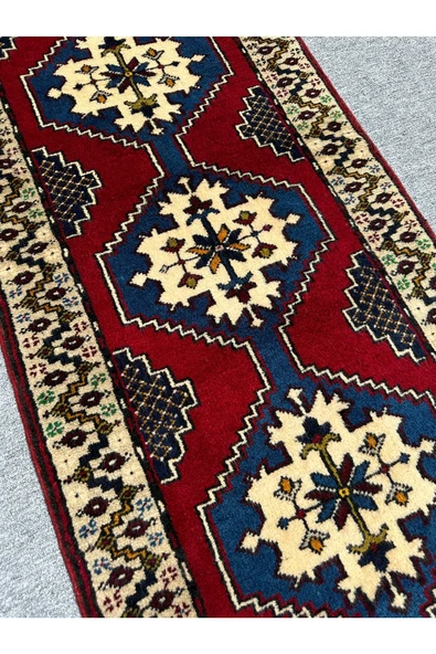 El Dokuma Yahyalı Sıfır Yolluk 75x270 Lacivert Kırmızı %100 Yün Kalın Kök Boya Yolluk - Resim 3