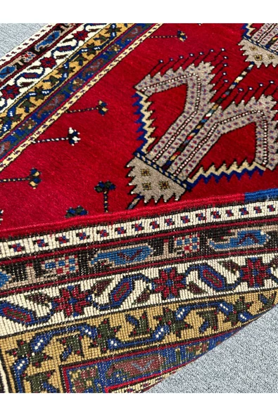 EL DOKUMA KIRMIZI TAŞPINAR HALISI SECCADE 108X210 KÖK BOYA LACİVERT YÜN NAMAZLIK - 3