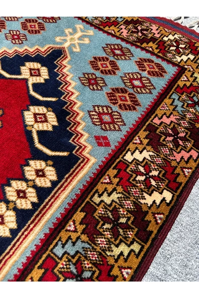 El Dokuma Özel Desenli Yağcıbedir Halısı 85x140 Turkuaz Kırmızı %100 Yün Kök Boya Halı - Resim 3