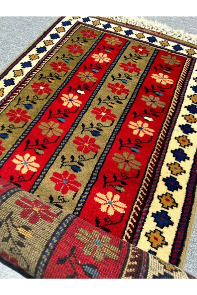 El Dokuma Şal Halısı 80x220 Yeşil Kırmızı Krem %100 Yün Metre Yolluk - Resim 8