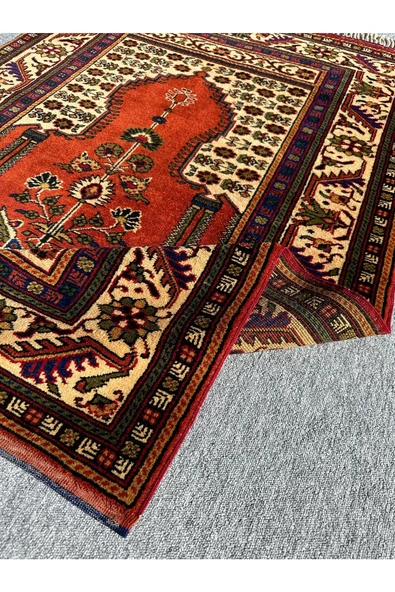 El Dokuma Sıfır Çamardı Halısı Büyük Seccade 115x175 Kiremit %100 Yün Kök Boya Namazlık - 4