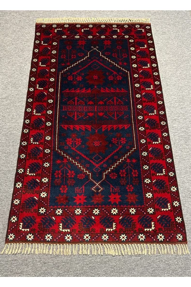 EL DOKUMA HALI YAĞCIBEDİR 110X200 KIRMIZI LACİVERT %100 YÜN KÖK BOYA ürün görseli