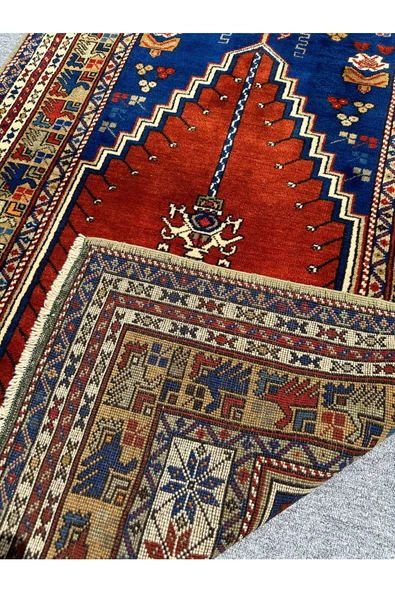 El Dokuma Taşpınar Halısı Seccade 118x190 Lacivert Kırmızı %100 Yün Namazlık - 6