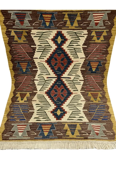El Dokuma Uşak Kilimi 94x123 Krem Kahve Kök Boya %100 Yün Kilim - 7