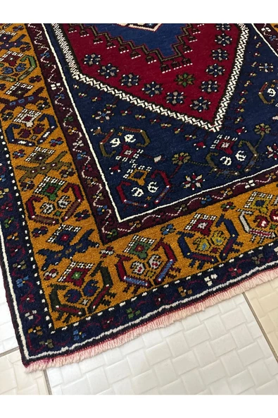 El Dokuma Yahyalı Halısı 90x155 Kırmızı Lacivert %100 Yün Kök Boya Halı ! - Resim 7