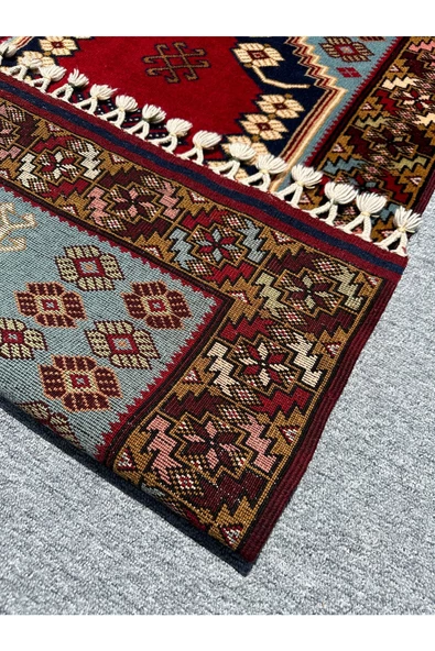 El Dokuma Özel Desenli Yağcıbedir Halısı 85x140 Turkuaz Kırmızı %100 Yün Kök Boya Halı - Resim 8