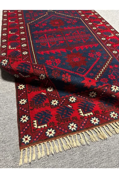 EL DOKUMA HALI YAĞCIBEDİR 110X200 KIRMIZI LACİVERT %100 YÜN KÖK BOYA - Resim 5