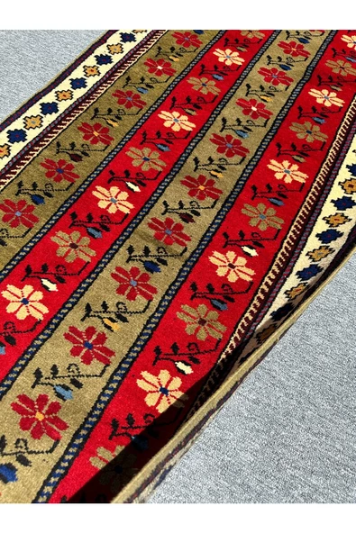 El Dokuma Şal Halısı 80x220 Yeşil Kırmızı Krem %100 Yün Metre Yolluk - Resim 5