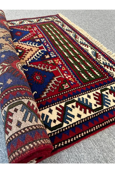 El Dokuma Deniz Çapası Desenli Kafkas Halı 142x200 Lacivert Kırmızı %100 Yün 3 M2 Halı ! - 7