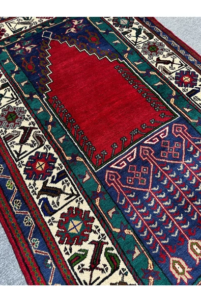 EL DOKUMA TAŞPINAR SECCADE HALI NAMAZLIK 123X200 YEŞİL KIRMIZI LACİVERT %100 YÜN - 2