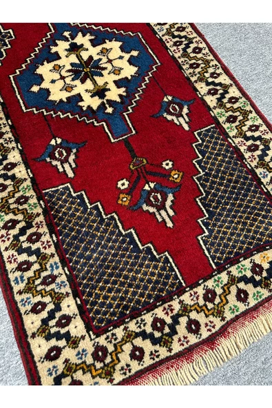 El Dokuma Yahyalı Sıfır Yolluk 75x270 Lacivert Kırmızı %100 Yün Kalın Kök Boya Yolluk - Resim 2