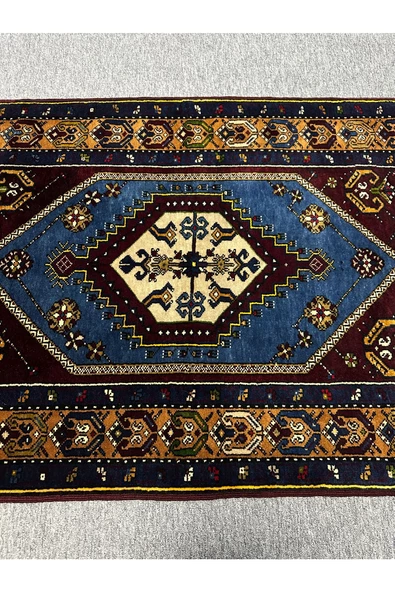 EL DOKUMA SIFIR YAHYALI HALISI 95X175 MAVİ KIRMIZI KÖK BOYA YÜN HALI - 3