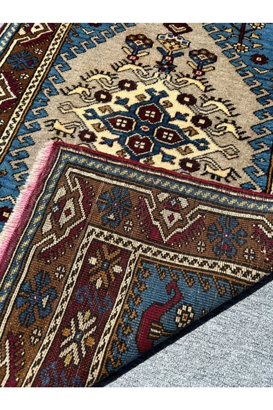 El Dokuma Sıfır Yahyalı Halısı 84x135 Turkuaz Gri %100 Yün Kök Boya Halı - 4