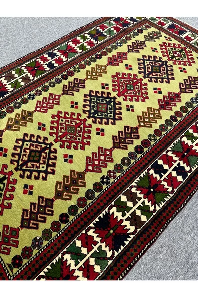 El Dokuma 130x210 Yeşil Kırmızı %100 Yün Kök Boya Halı ! - 3