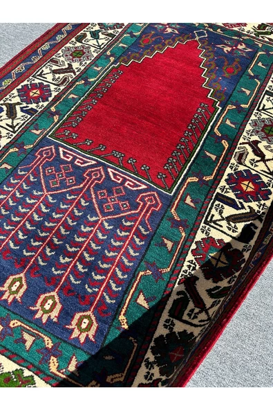 EL DOKUMA TAŞPINAR SECCADE HALI NAMAZLIK 123X200 YEŞİL KIRMIZI LACİVERT %100 YÜN - 5