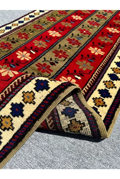 El Dokuma Şal Halısı 80x220 Yeşil Kırmızı Krem %100 Yün Metre Yolluk - Resim 7