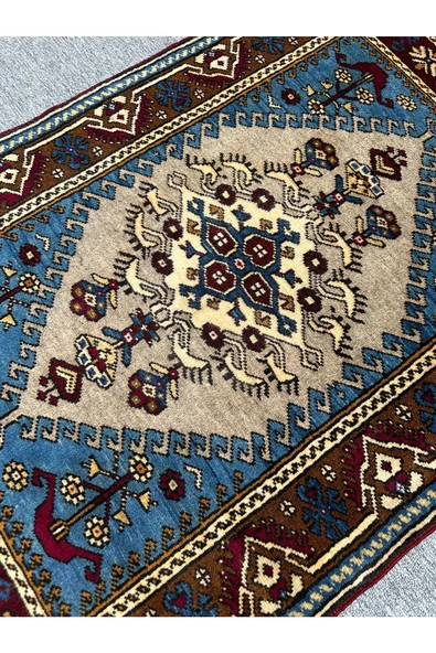 El Dokuma Sıfır Yahyalı Halısı 84x135 Turkuaz Gri %100 Yün Kök Boya Halı - 6