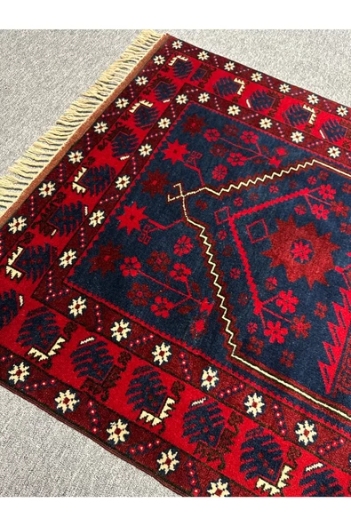 EL DOKUMA HALI YAĞCIBEDİR 110X200 KIRMIZI LACİVERT %100 YÜN KÖK BOYA - Resim 3