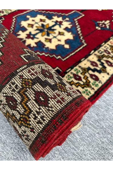 El Dokuma Yahyalı Sıfır Yolluk 75x270 Lacivert Kırmızı %100 Yün Kalın Kök Boya Yolluk - Resim 5