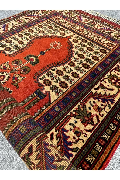 El Dokuma Sıfır Çamardı Halısı Büyük Seccade 115x175 Kiremit %100 Yün Kök Boya Namazlık - 5