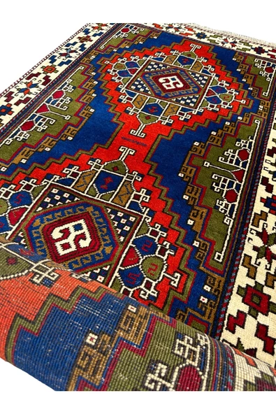 El Dokuması Taşpınar Yolluk 90x350 Lacivert Kiremit Yeşil Yün Kök Boya Halı - Resim 6