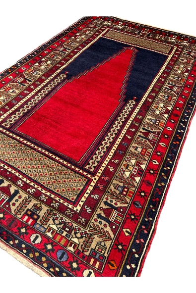 El Dokuma Sıfır Seccade Adana Yörük Halısı 138X224 Lacivert Kırmızı Kök Boya Kaldırım Yörüğü - 6