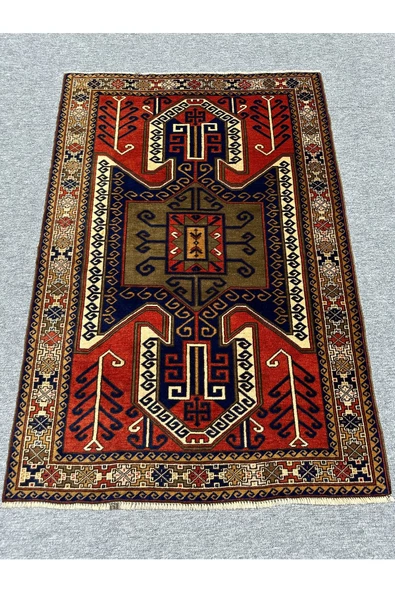 El Dokuma Özel Tasarım Kafkas Halısı 110x160 Kiremit Lacivert Yeşil Kök Boya Halı