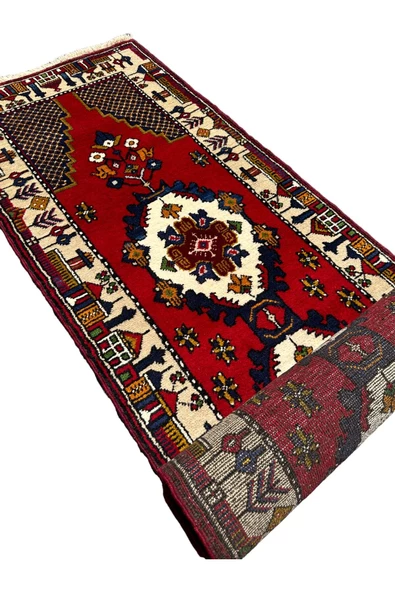 El Dokuma Sıfır Yahyalı Halısı Yolluk 79x380 Kırmızı Krem Lacivert Kök Boya Yolluk - Resim 5