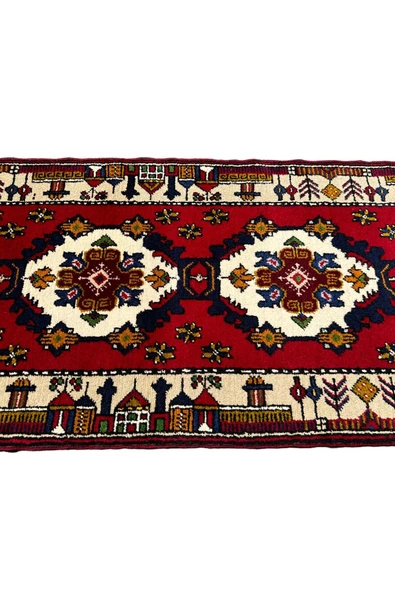 El Dokuma Sıfır Yahyalı Halısı Yolluk 79x380 Kırmızı Krem Lacivert Kök Boya Yolluk - Resim 3