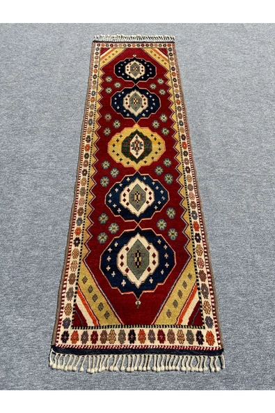 EL DOKUMA FETHİYE YÖRÜK HALISI YOLLUK 83X270 KIRMIZI LACİVERT SARI KÖK BOYA YOLLUK ürün görseli