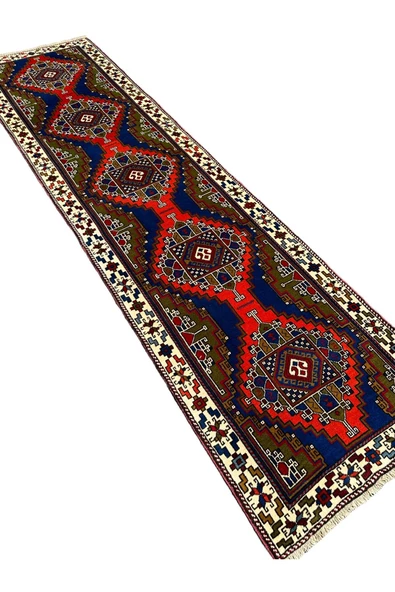 El Dokuması Taşpınar Yolluk 90x350 Lacivert Kiremit Yeşil Yün Kök Boya Halı - Resim 2