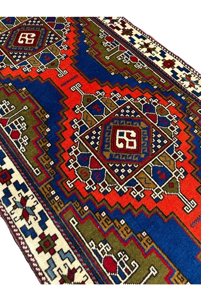 El Dokuması Taşpınar Yolluk 90x350 Lacivert Kiremit Yeşil Yün Kök Boya Halı - Resim 4