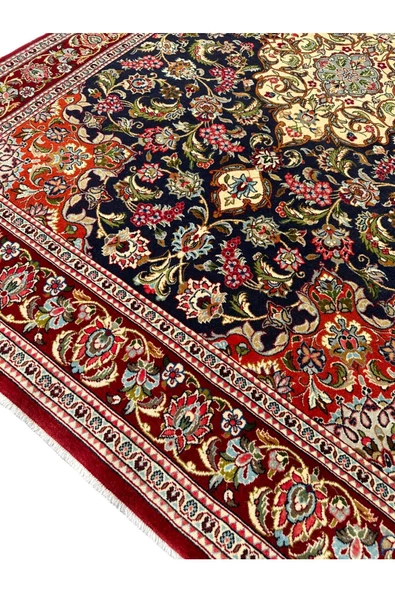 EL DOKUMA İRAN KUM HALISI 140X210 KIRMIZI LACİVERT %100 YÜN SIK DOKUMA HALI - Resim 3