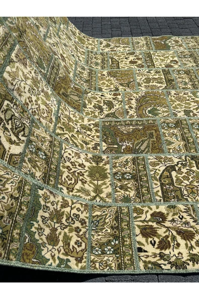 EL DOKUMA BÜNYAN HALISI PATCHWORK 185X260 YEŞİL %100 YÜN 5 M2 HALI ! - Resim 7