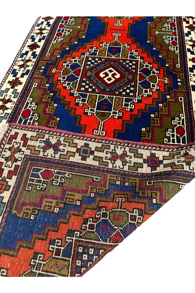 El Dokuması Taşpınar Yolluk 90x350 Lacivert Kiremit Yeşil Yün Kök Boya Halı - Resim 7