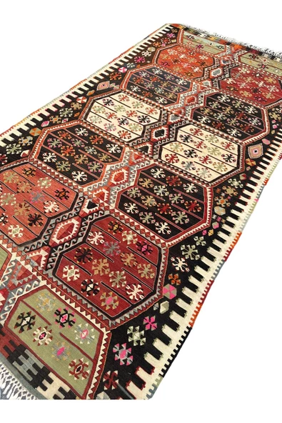 EL DOKUMA ÇİFT KANAT MALATYA KİLİMİ 155X300 YEŞİL KİREMİT KÖK BOYA BÜYÜK YÜN KİLİM - 6